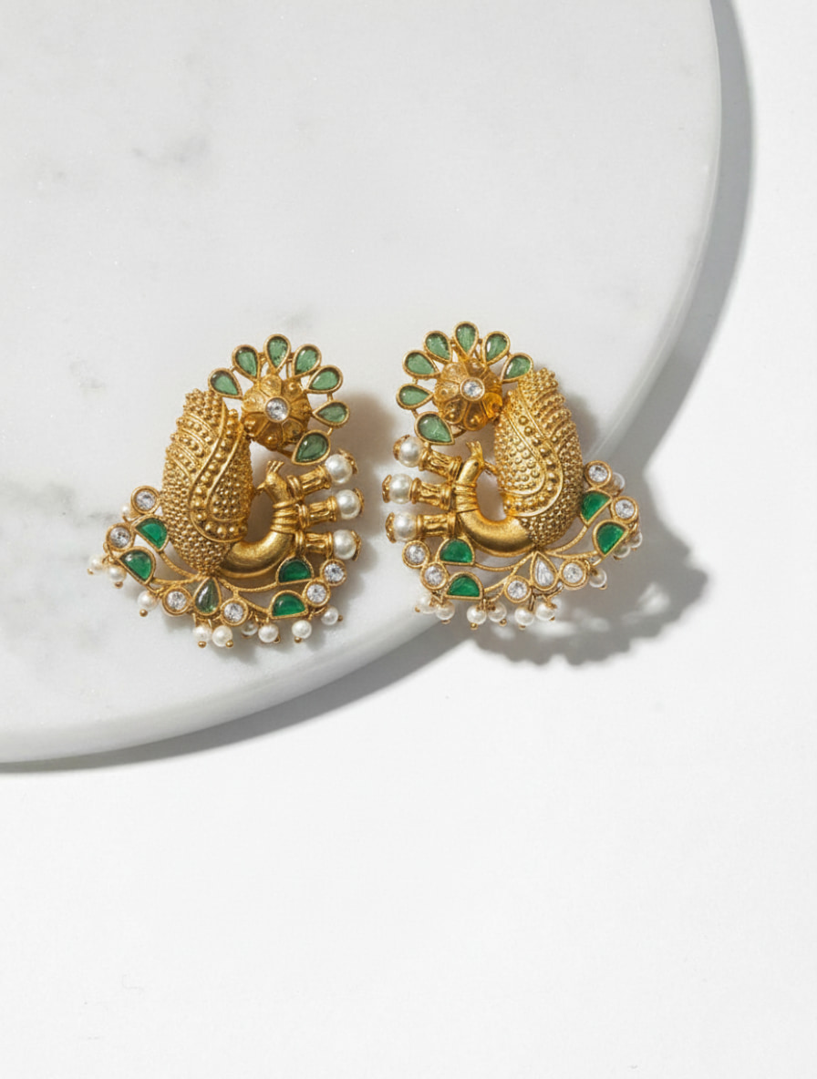 Regal Peacock Heritage Studs: Hand-Carved Temple Jewelry with Natural Green Onyx & Seed Pearls