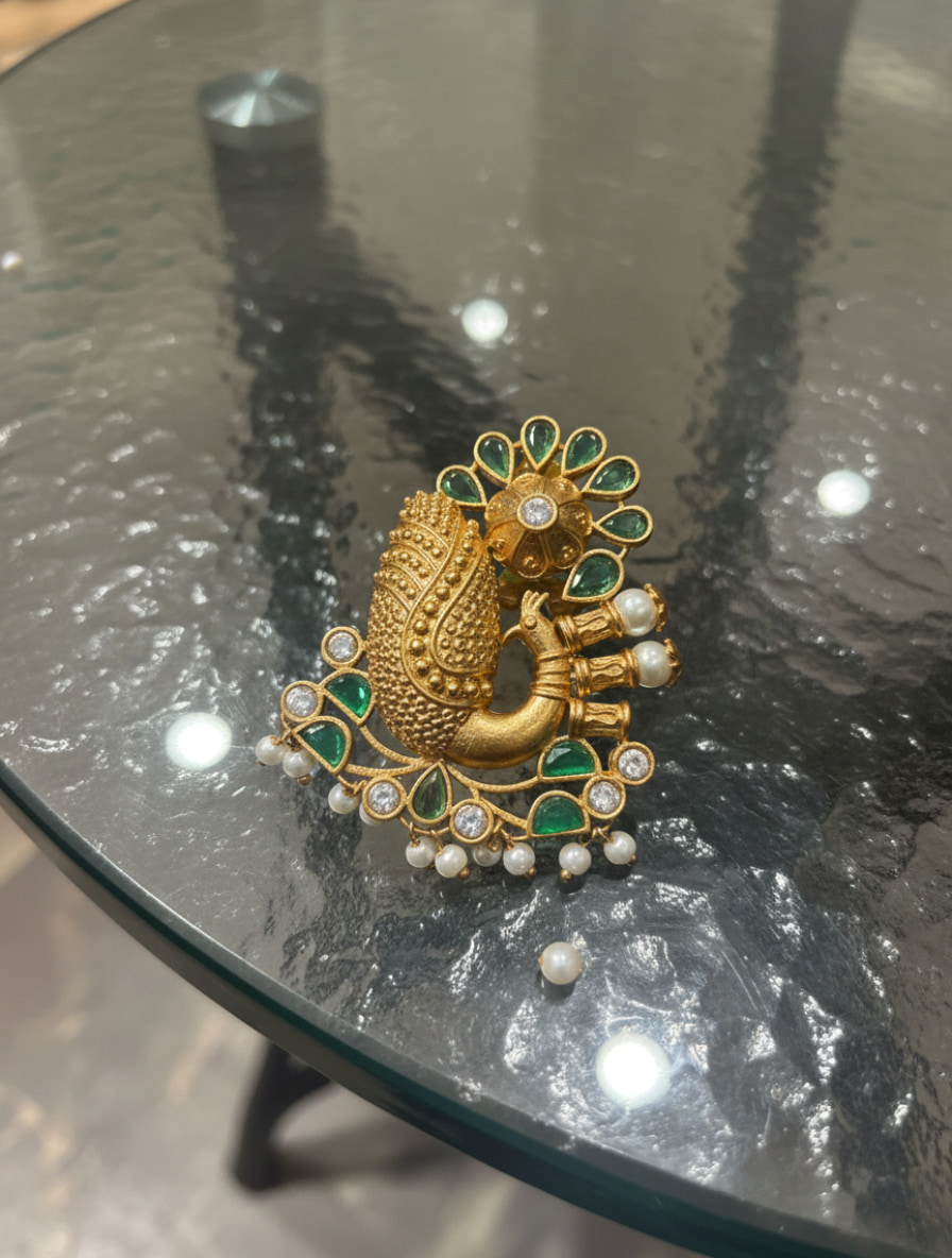 Regal Peacock Heritage Studs: Hand-Carved Temple Jewelry with Natural Green Onyx & Seed Pearls - Image 3