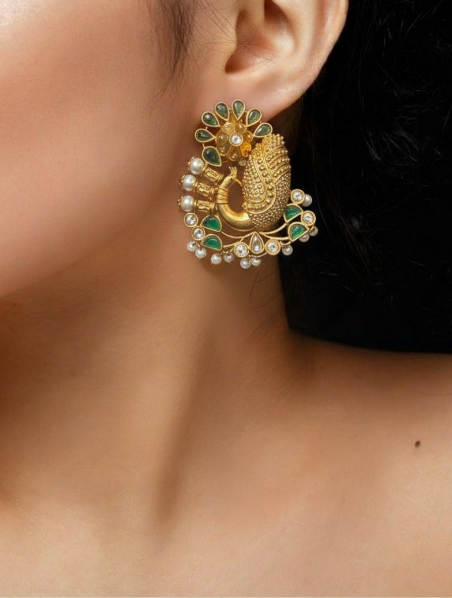 Regal Peacock Heritage Studs: Hand-Carved Temple Jewelry with Natural Green Onyx & Seed Pearls - Image 4