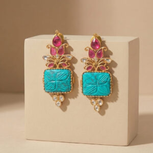 Empress Royale Handcrafted Mughal-Inspired Carved Turquoise & Kundan Statement Earrings