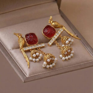 Handcrafted Temple Heritage: The Royal Parrot & Ruby Double-Drop Jhumkas