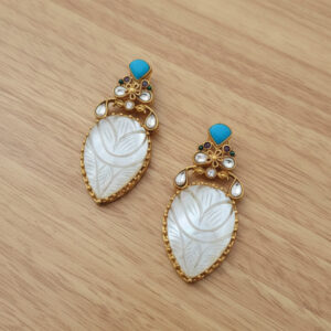 Handcrafted Floral Carved Shell & Polki Kundan Statement Earrings