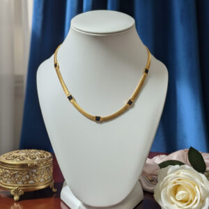 Handcrafted 18K Gold Plated Herringbone Station Necklace – Black Onyx Accents