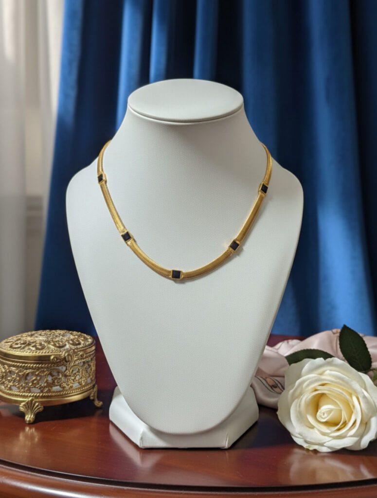 Handcrafted 18K Gold Plated Herringbone Station Necklace – Black Onyx Accents