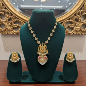 Indian Traditional Temple Necklace and Earring Set – Meenakari Enamel Work with Natural Turqoise & Pearl