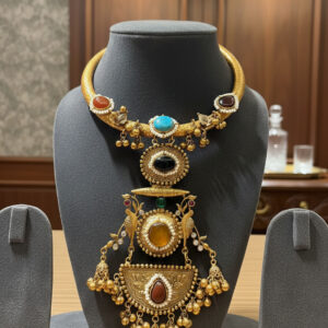 The Royal Navratna Heritage Hasli – Handcrafted Temple Necklace with Healing Gemstones