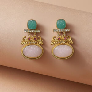 Handcrafted Pastel Temple Bloom Earrings – Carved Rose Quartz & Mint Onyx Drops