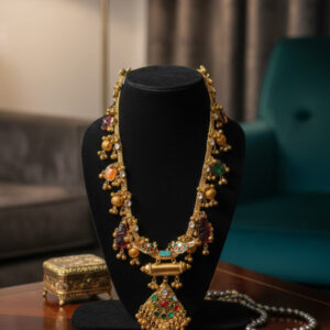 Heritage Navratna Rani Haar – Handcrafted Antique Gold Temple Necklace with Healing Astral Gemstones