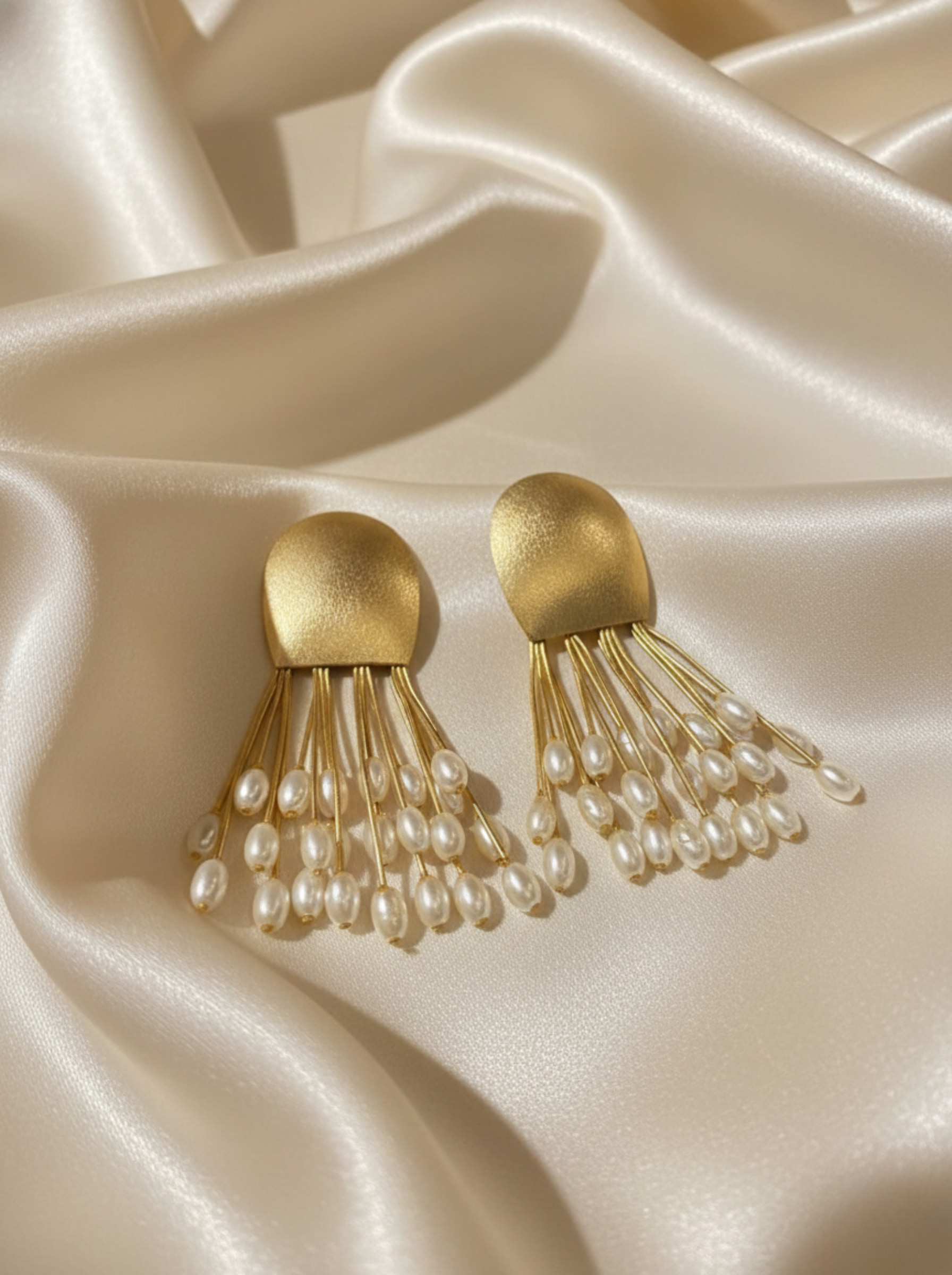 Golden Medusa Tassel Earrings | Handcrafted Matte Gold & Pearl Fringe Dangles - Image 7
