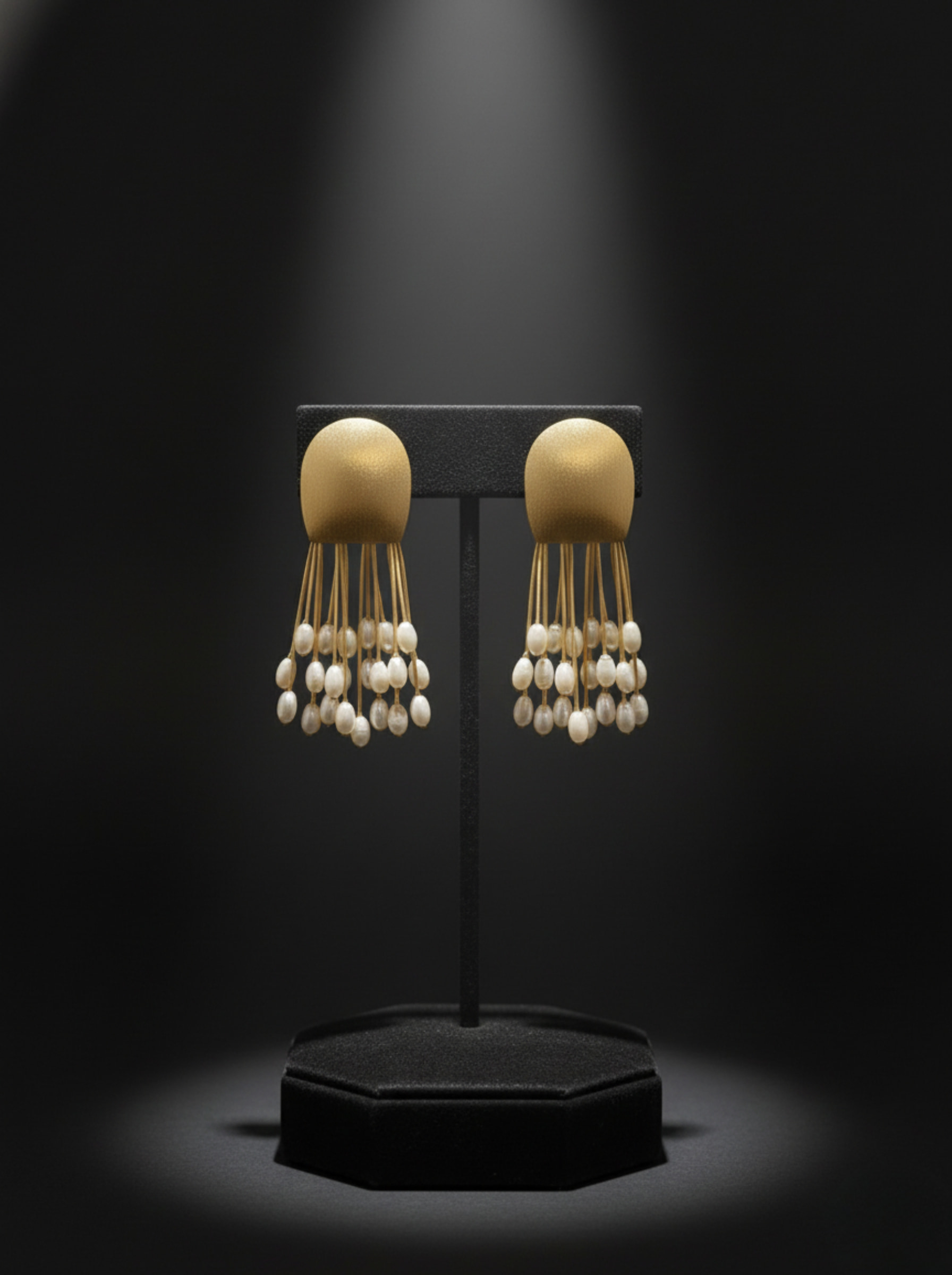 Golden Medusa Tassel Earrings | Handcrafted Matte Gold & Pearl Fringe Dangles - Image 6