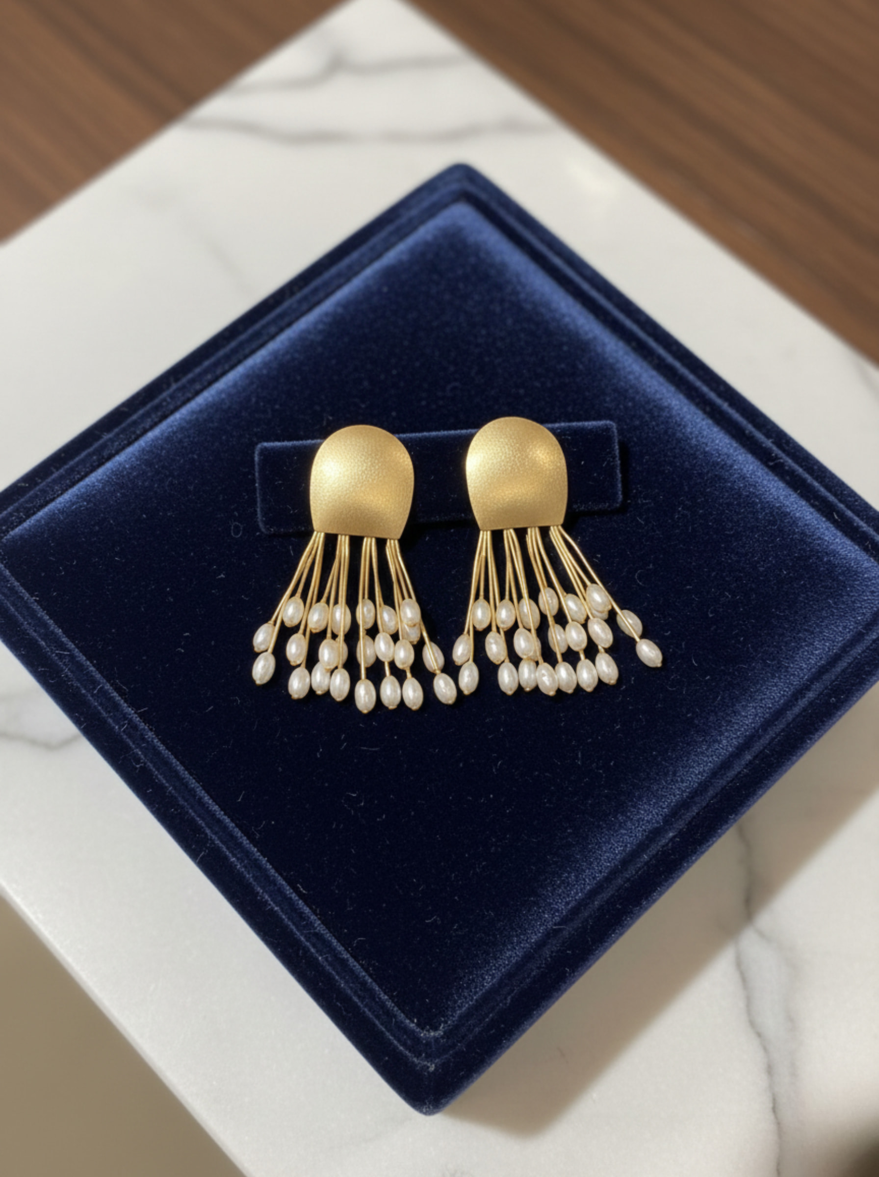 Golden Medusa Tassel Earrings | Handcrafted Matte Gold & Pearl Fringe Dangles - Image 4
