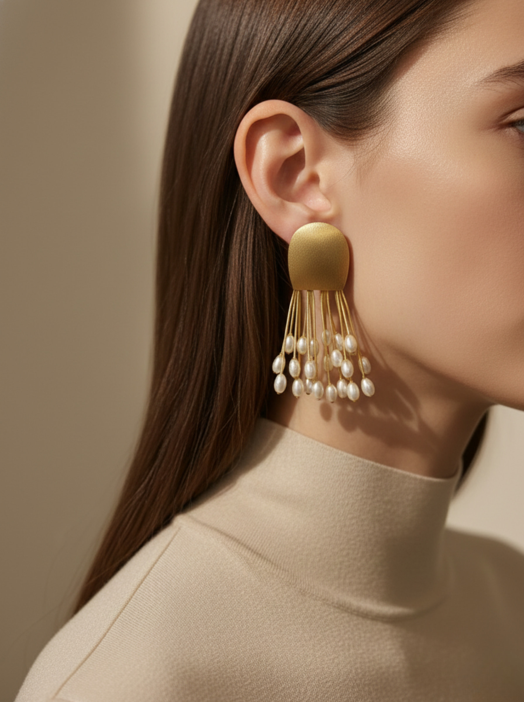 Golden Medusa Tassel Earrings | Handcrafted Matte Gold & Pearl Fringe Dangles - Image 2