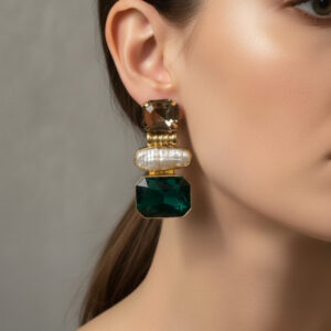 Handcrafted Emerald & Smoky Topaz Tiered Earrings | Baroque Pearl Statement Dangles