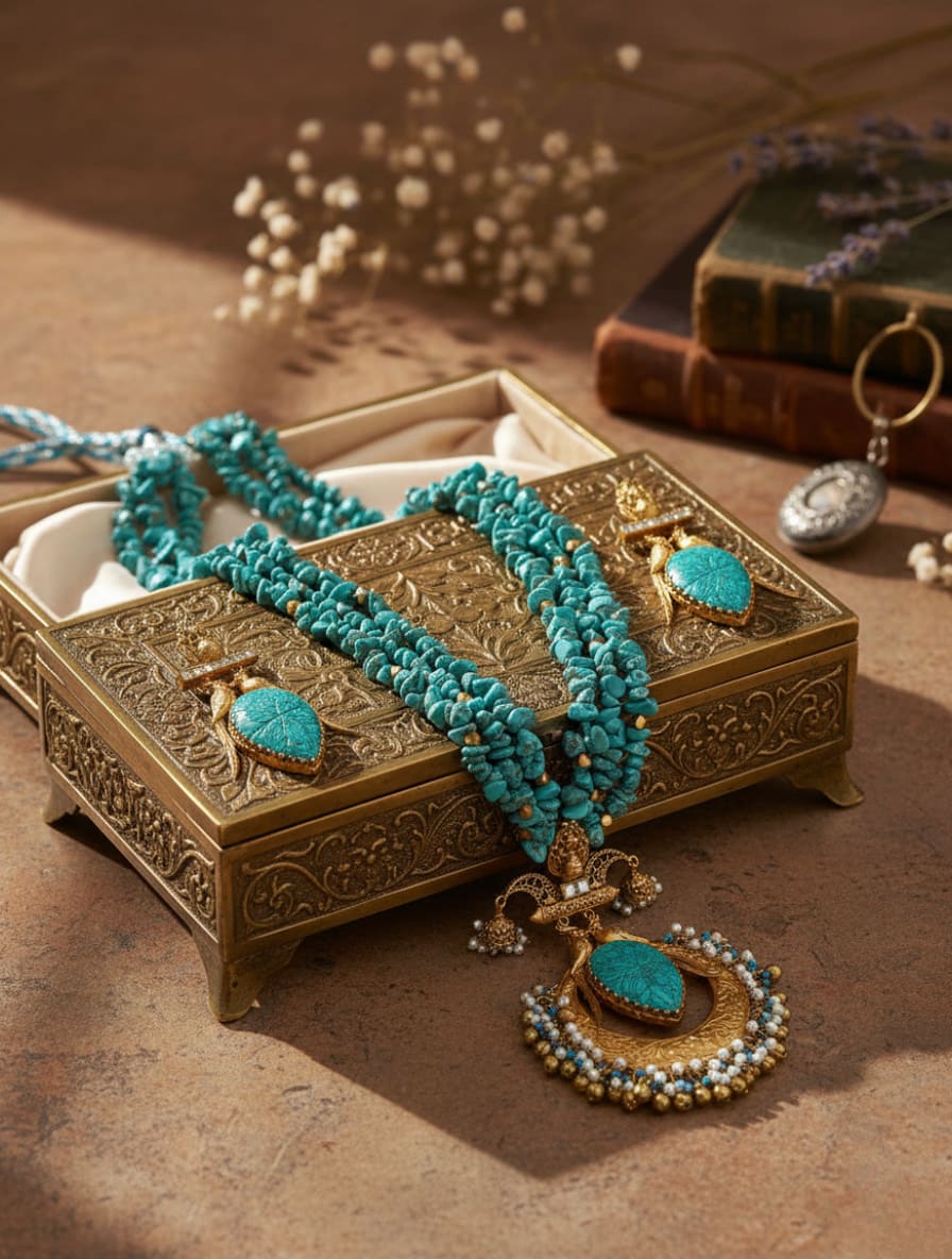 The Azure Heritage Statement Set — hand-carved turquoise & antique gold
