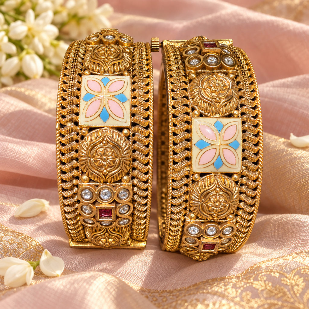 The Blush Neelkamal Rajmahal Kada Pair – Handcrafted Floral Enamel Kundan Heritage Bangles