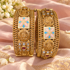 The Blush Neelkamal Rajmahal Kada Pair – Handcrafted Floral Enamel Kundan Heritage Bangles