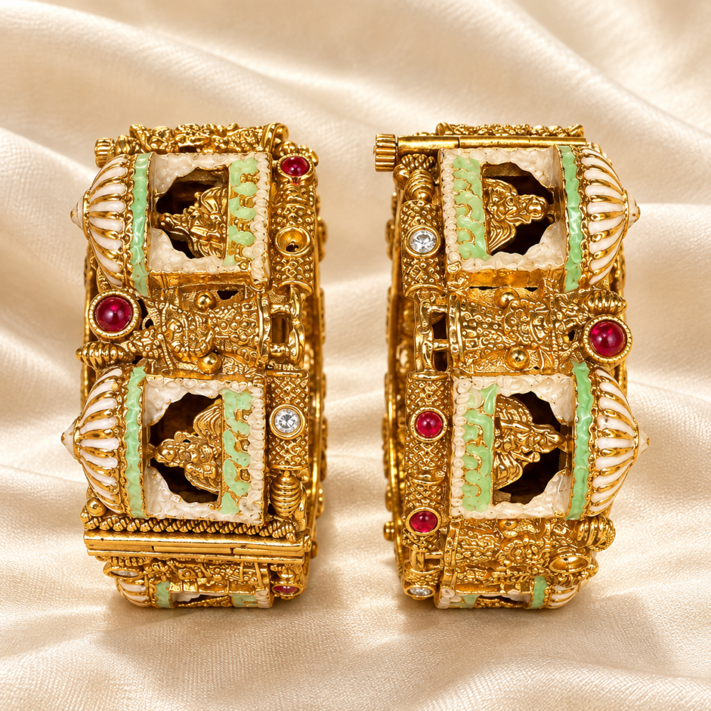 The Mint Jharokha Temple Kada Pair on champagne silk