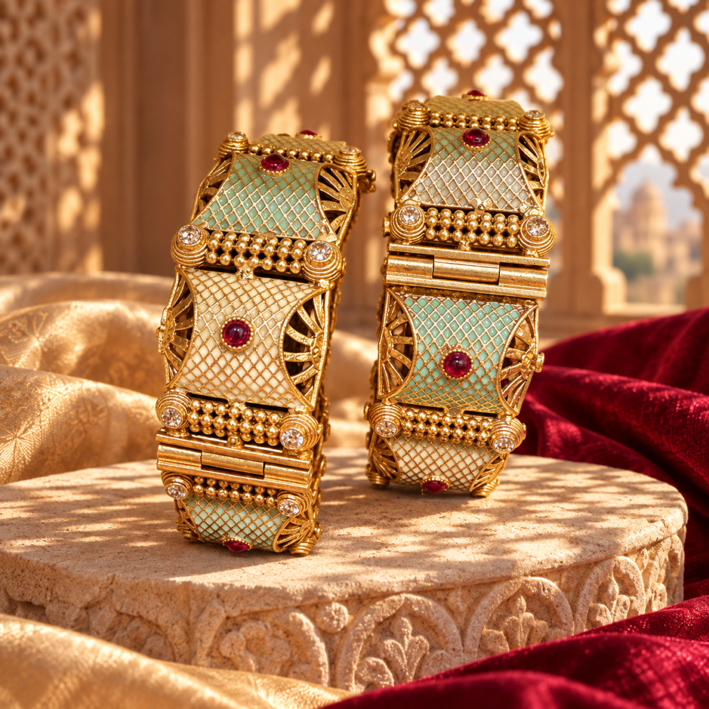 Mint and ivory Jali Rajwada kada pair in a palace setting