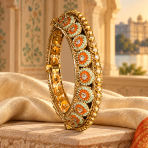 The Saffron Gulbahar Meenakari Kada – Handcrafted Mint Floral Crystal Heritage Bangle