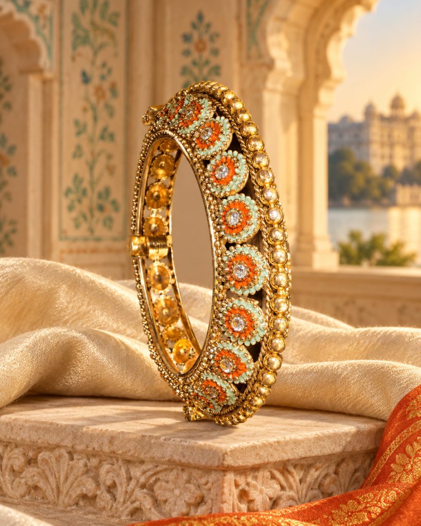The Saffron Gulbahar Meenakari Kada – Handcrafted Mint Floral Crystal Heritage Bangle