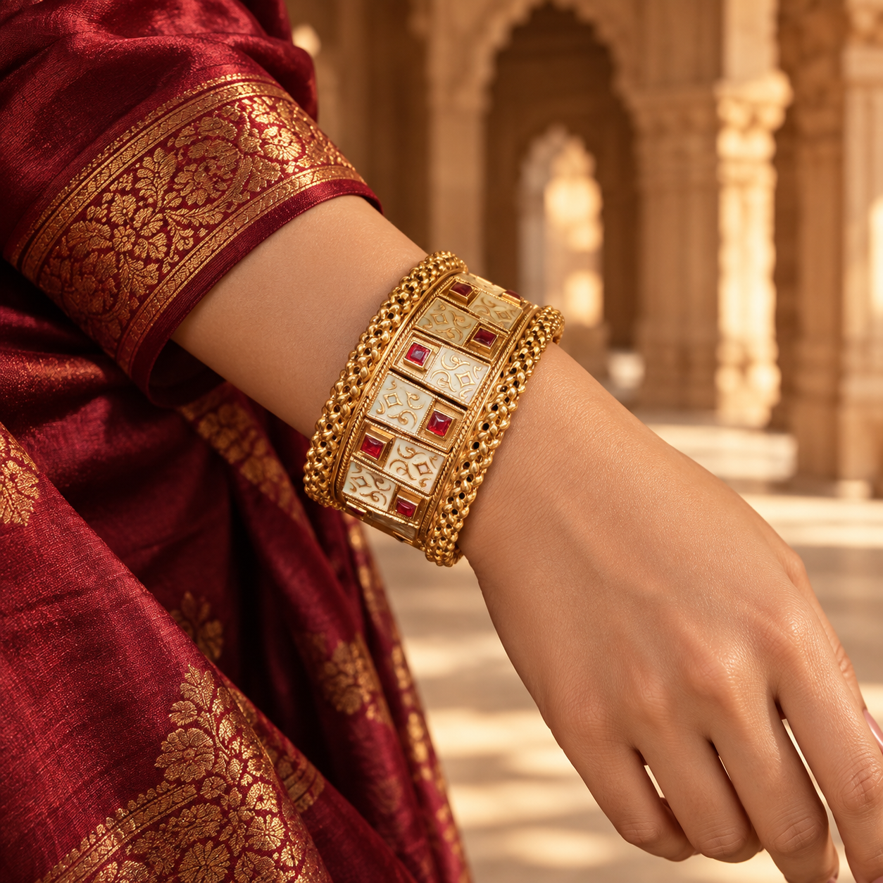 The Ivory Rubina Darbar Kada Pair – Handcrafted Enamel Ruby Heritage Statement Bangles - Image 2