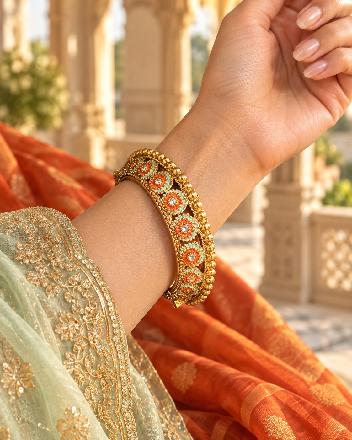 The Saffron Gulbahar Meenakari Kada – Handcrafted Mint Floral Crystal Heritage Bangle - Image 2