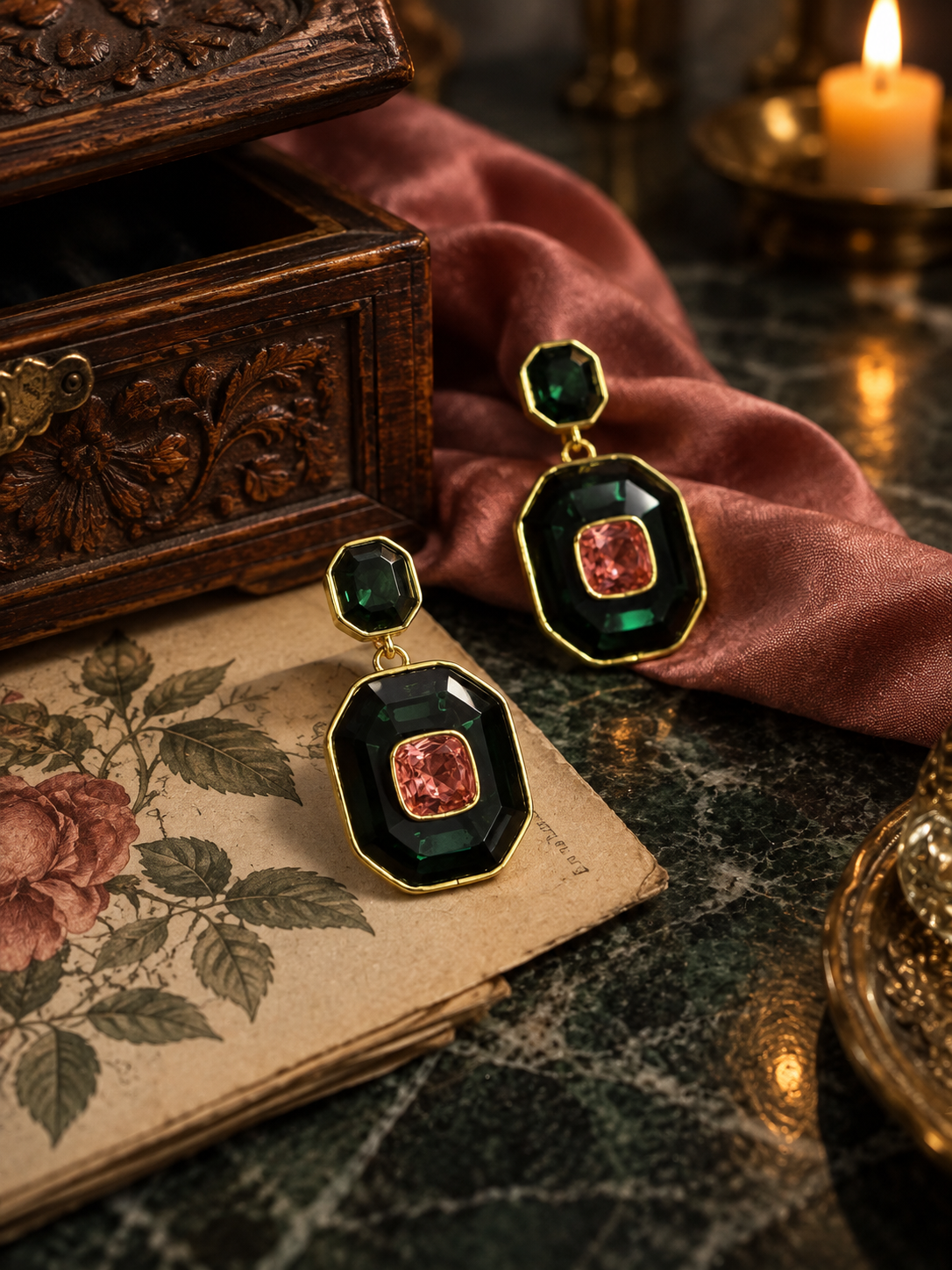 The Zabarjad Empress Drops — Emerald & Rose Crystal Earrings - Image 2