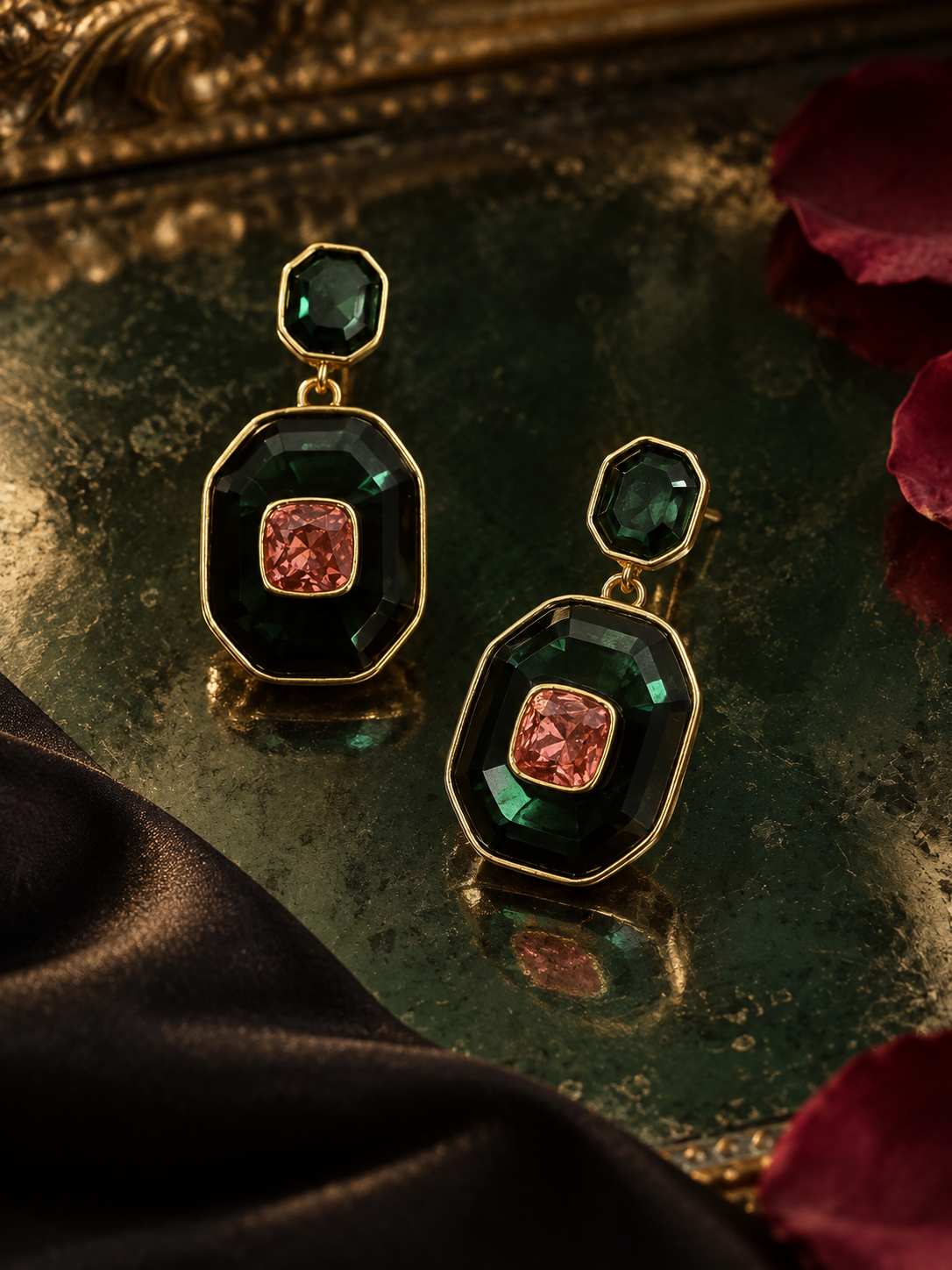 The Zabarjad Empress Drops — Emerald & Rose Crystal Earrings - Image 3