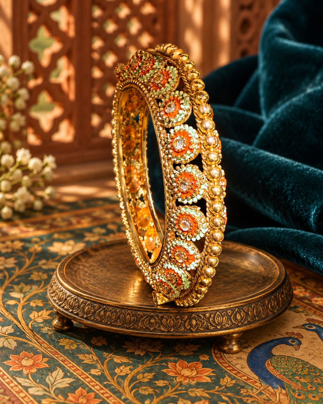 The Saffron Gulbahar Meenakari Kada – Handcrafted Mint Floral Crystal Heritage Bangle - Image 3