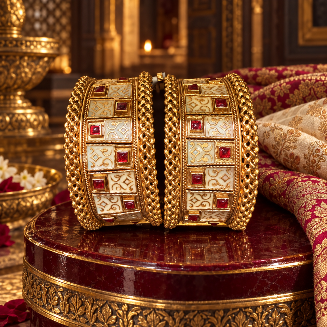 The Ivory Rubina Darbar Kada Pair – Handcrafted Enamel Ruby Heritage Statement Bangles - Image 3