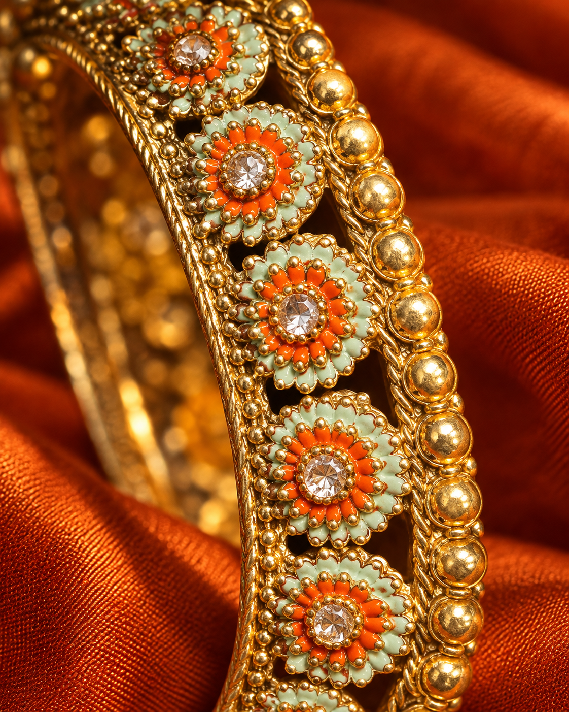 The Saffron Gulbahar Meenakari Kada – Handcrafted Mint Floral Crystal Heritage Bangle - Image 4