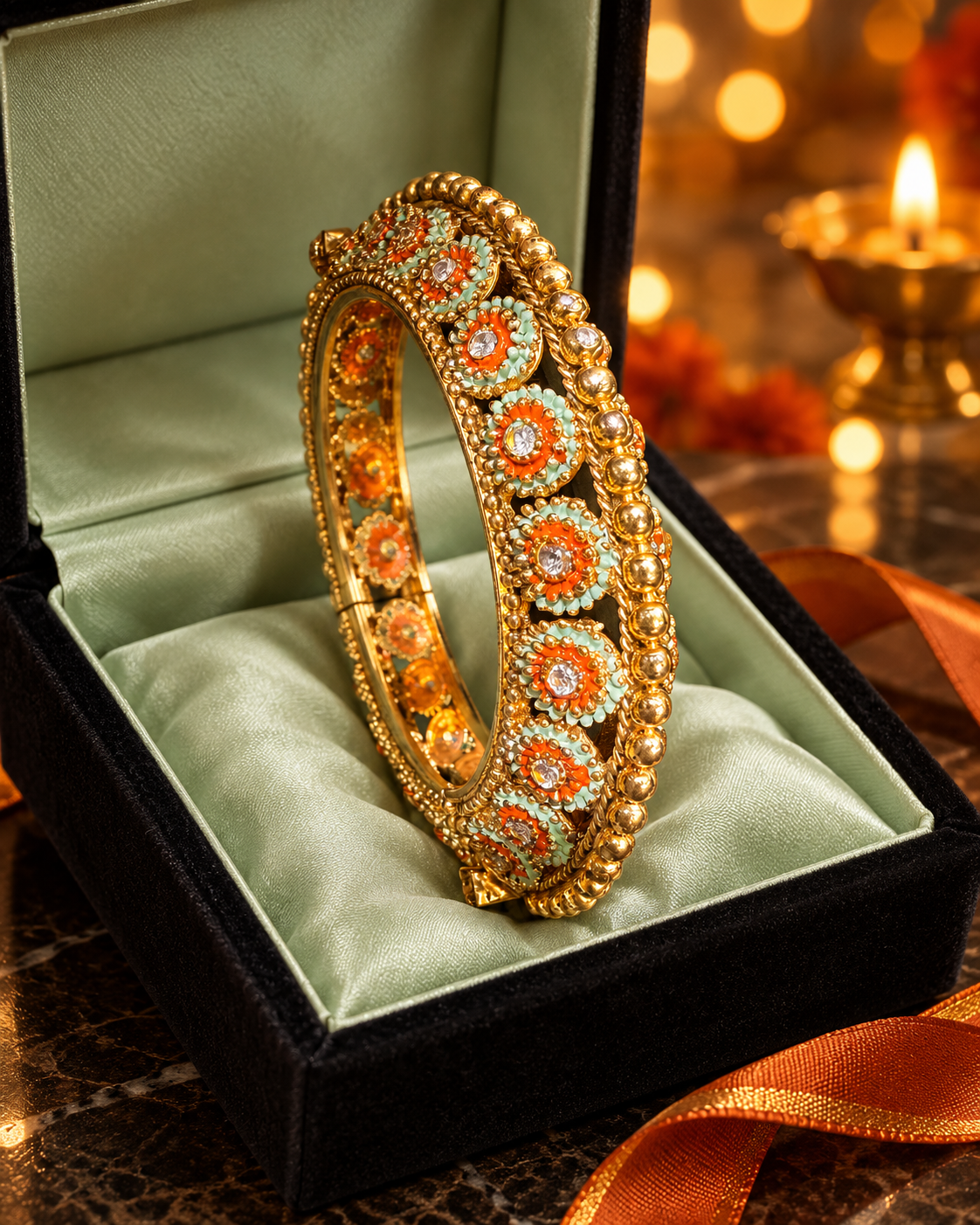 The Saffron Gulbahar Meenakari Kada – Handcrafted Mint Floral Crystal Heritage Bangle - Image 5