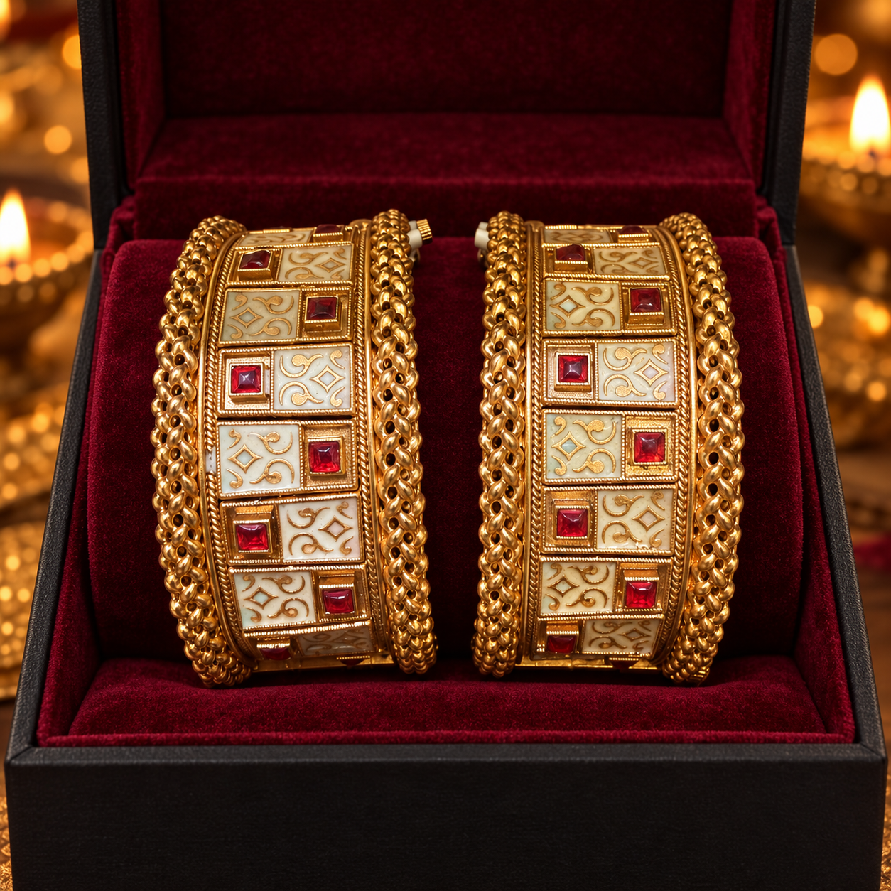 The Ivory Rubina Darbar Kada Pair – Handcrafted Enamel Ruby Heritage Statement Bangles - Image 5