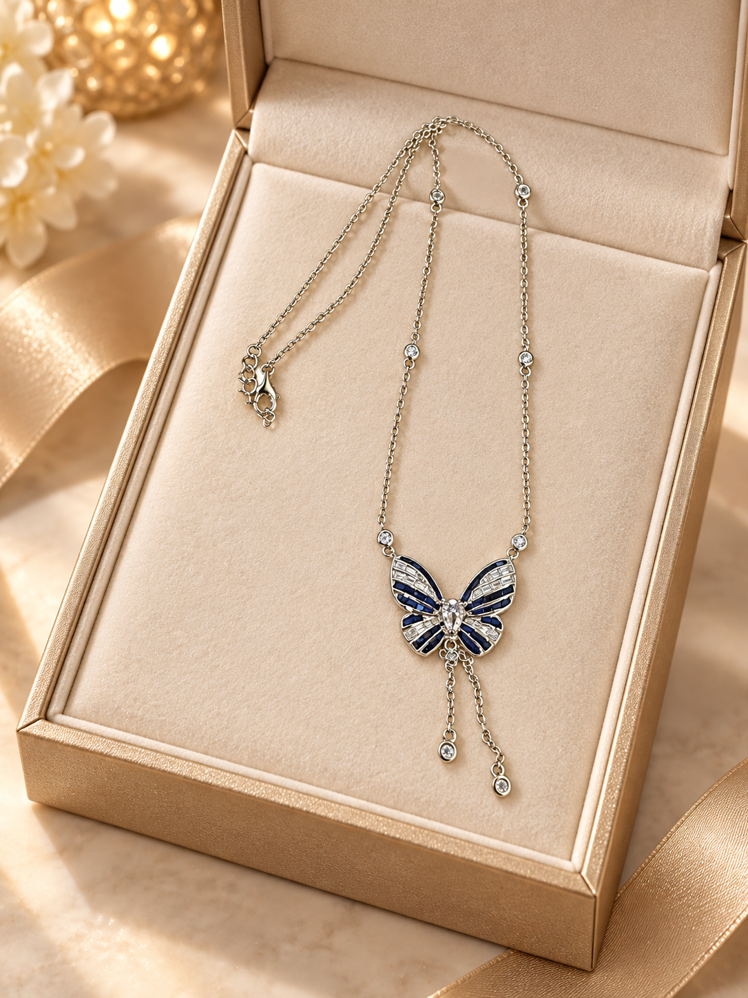 Navy Butterfly Pendant Necklace - Image 5