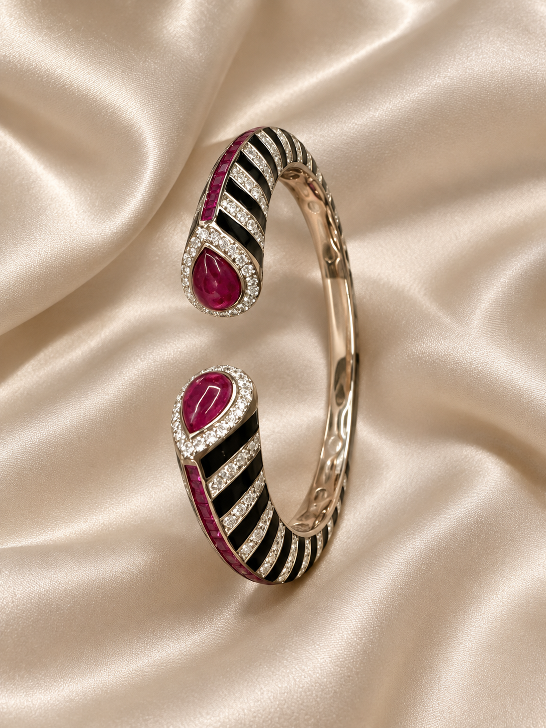 Ruby teardrop and black enamel open cuff bangle with clear stone accents