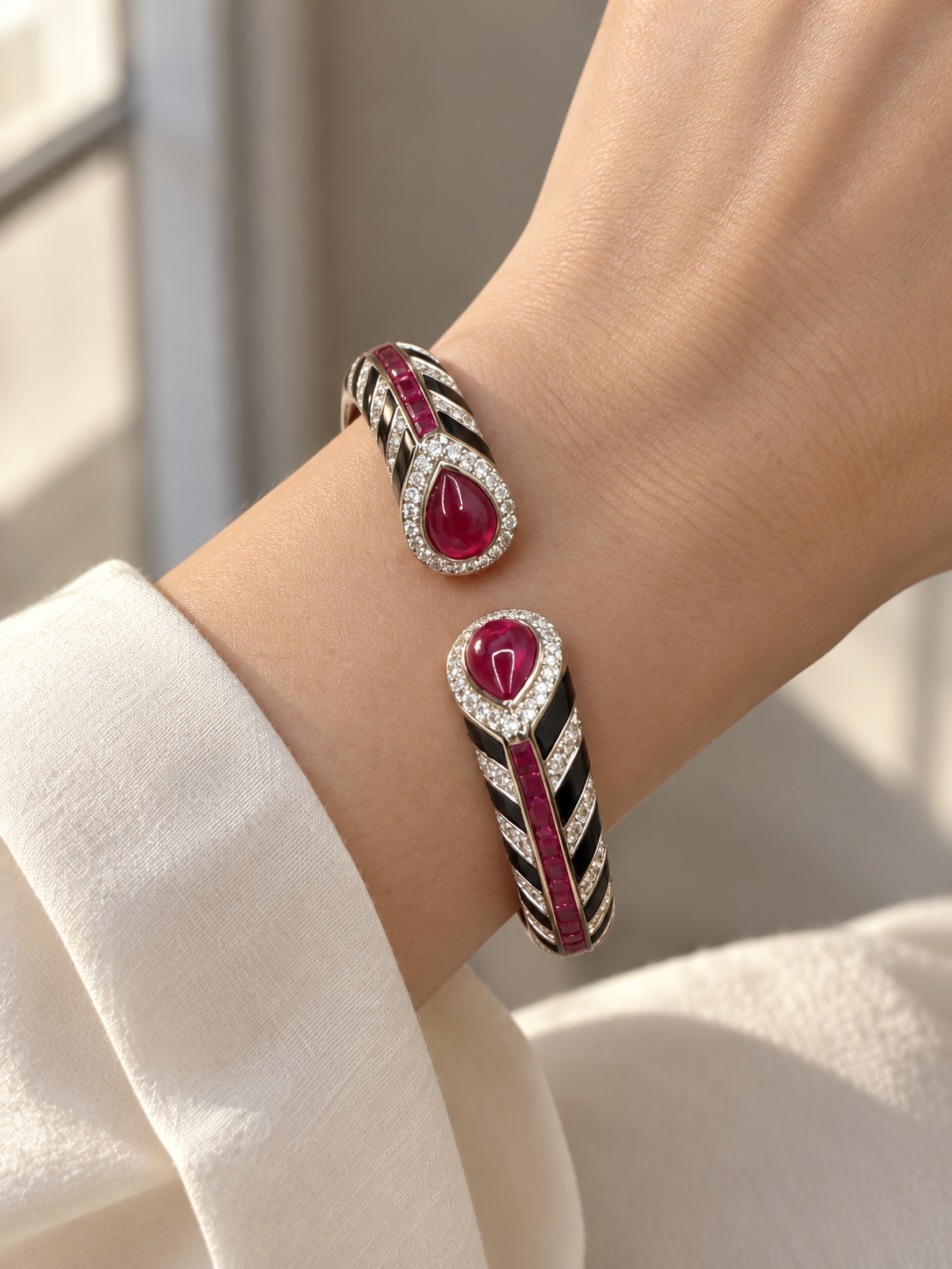 Ruby Teardrop & Black Enamel Cuff Bangle - Image 2