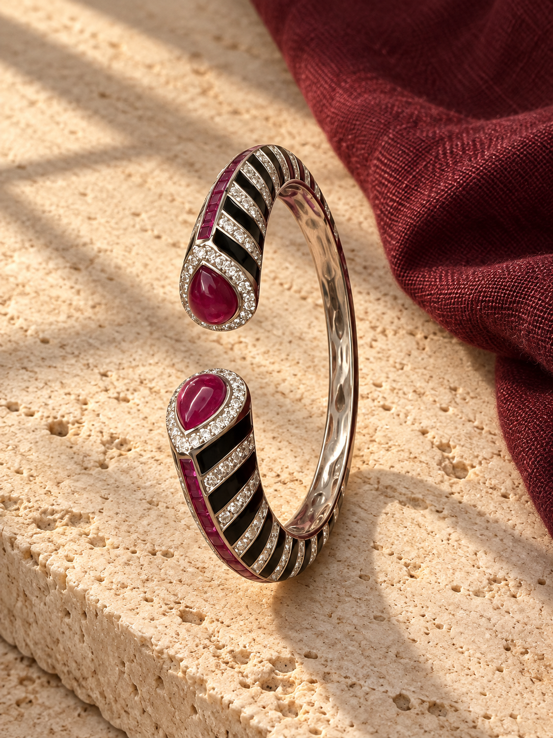 Ruby Teardrop & Black Enamel Cuff Bangle - Image 3