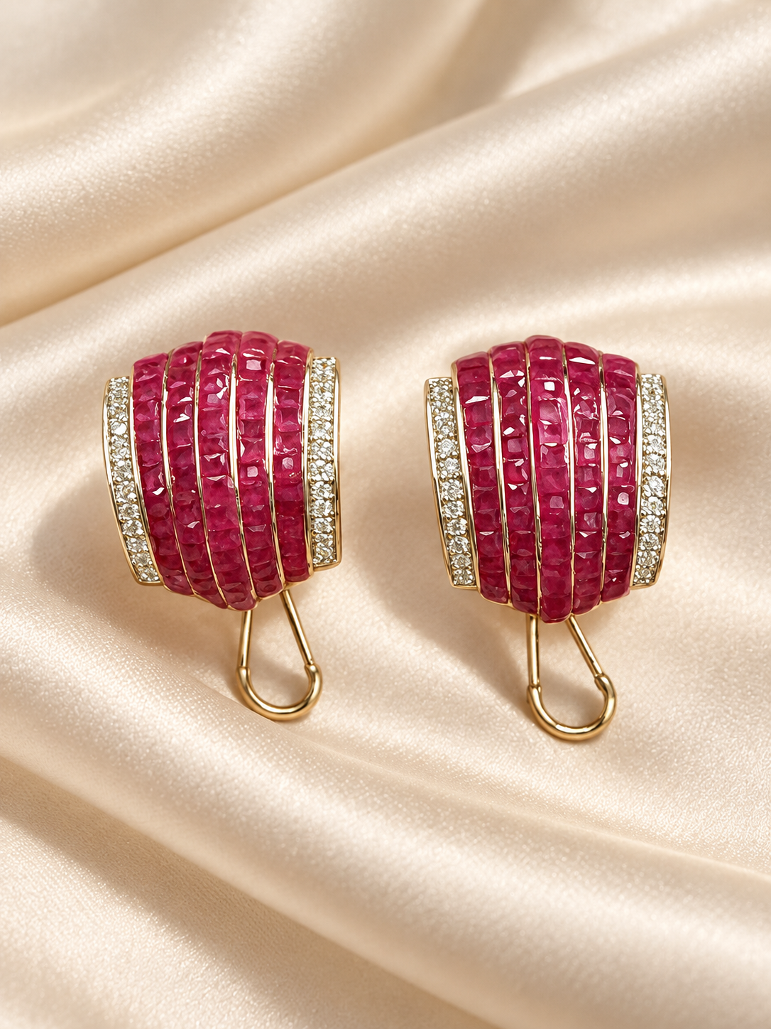 Magenta textured crystal half-hoop earrings with clear stone borders
