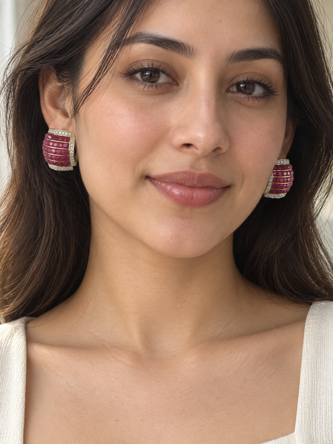 Magenta Textured Crystal Hoop Earrings - Image 3