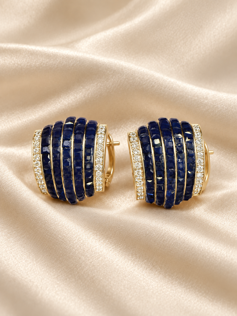 Navy textured crystal half-hoop earrings with clear stone borders