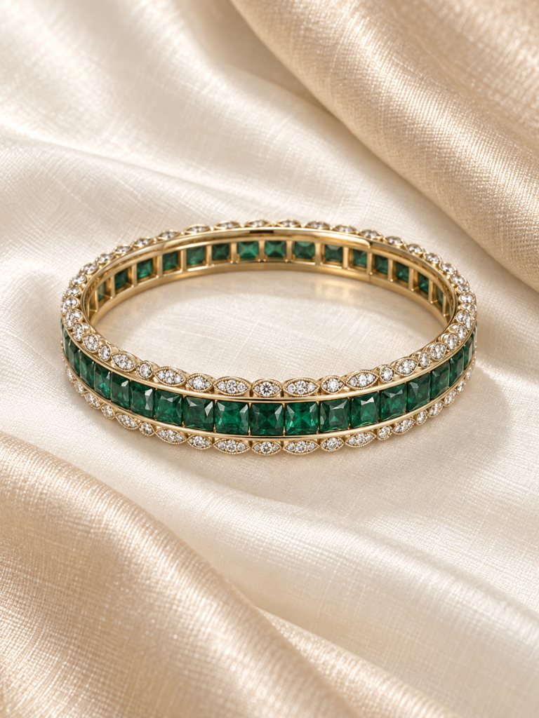 Emerald linear crystal bangle with scalloped clear stone borders
