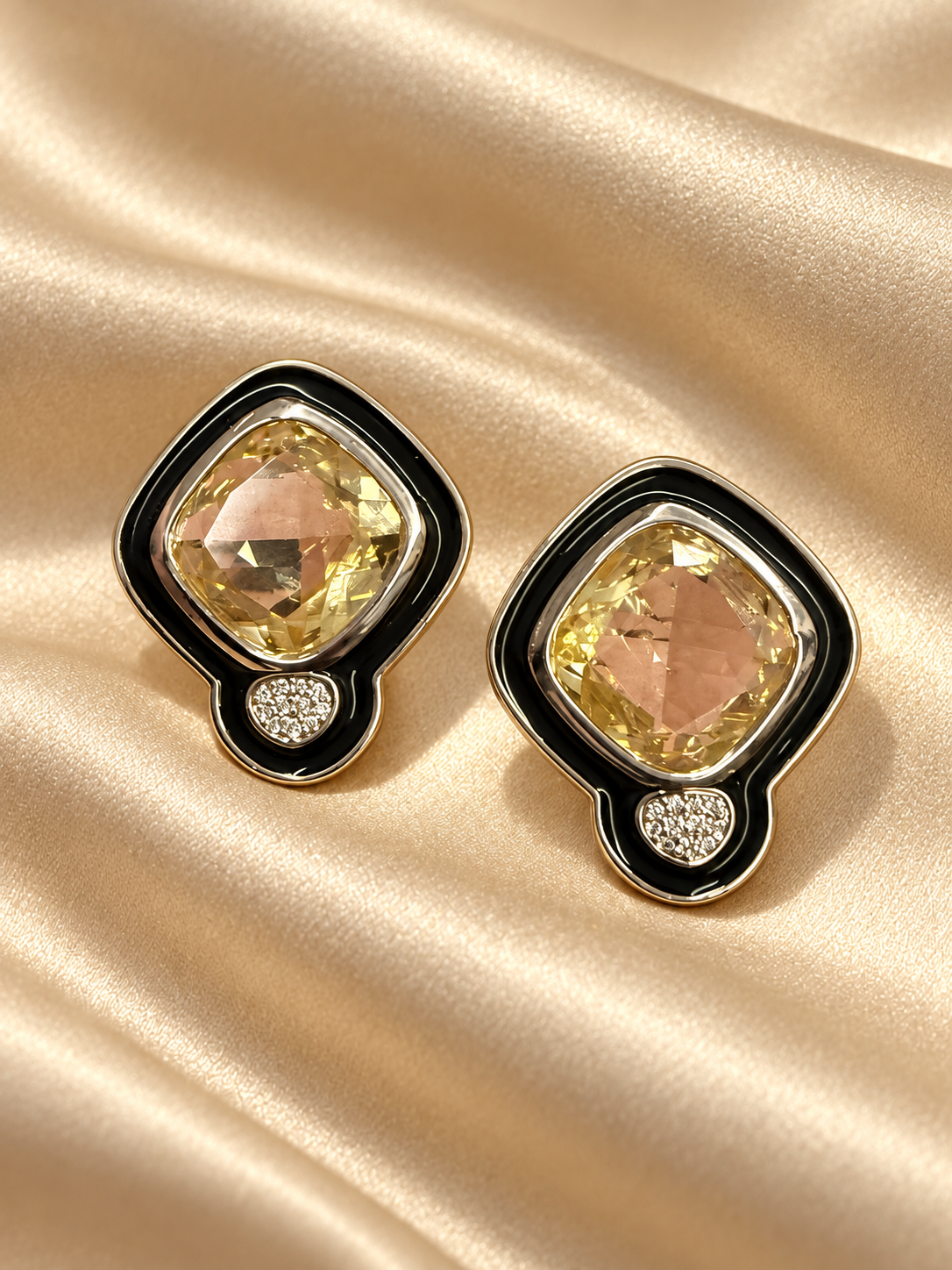Champagne crystal and black enamel square stud earrings
