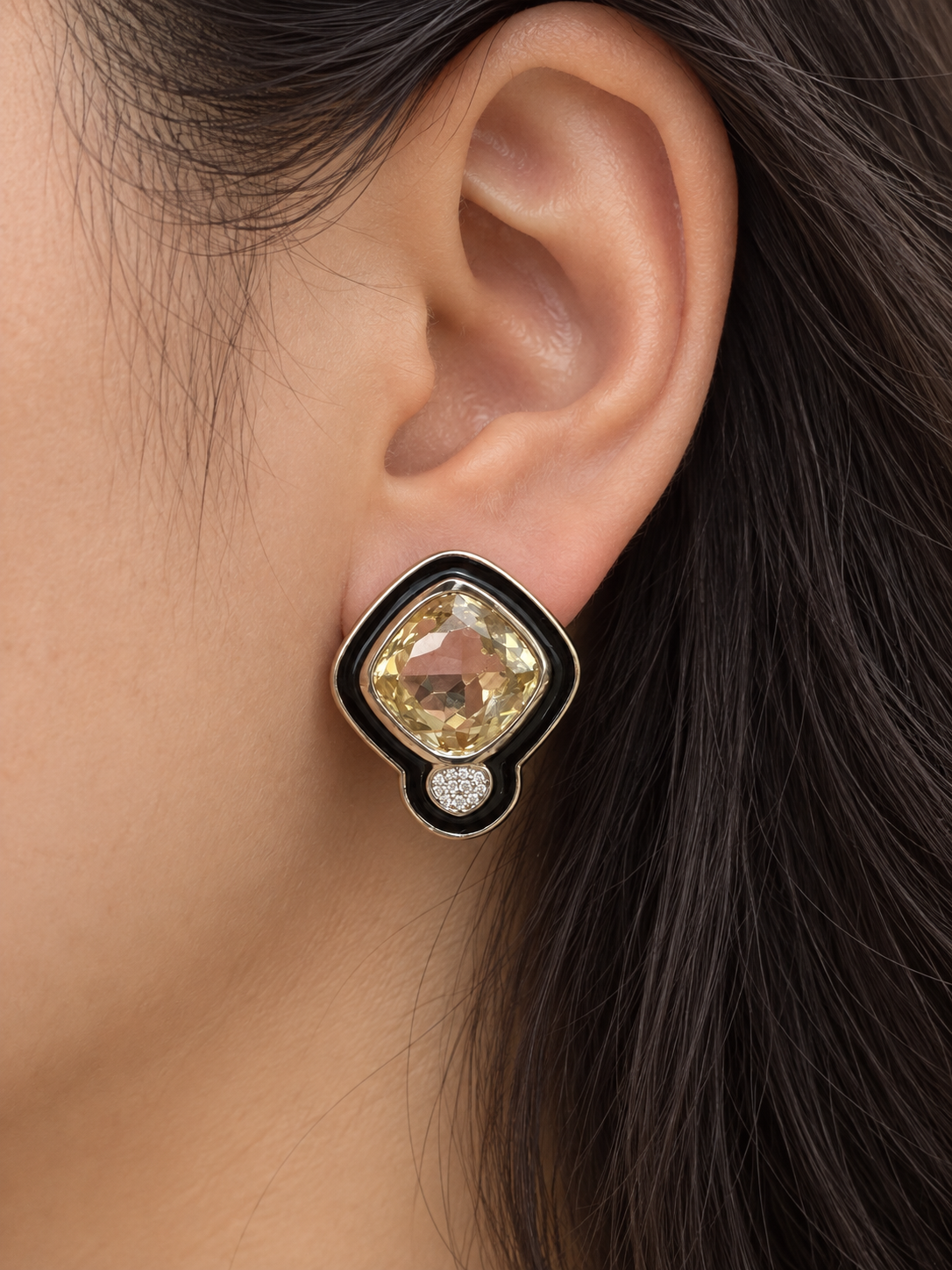 Champagne Crystal & Black Enamel Stud Earrings - Image 2