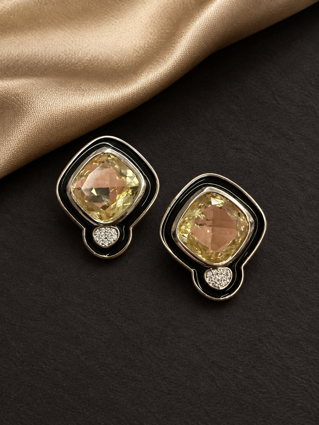Champagne Crystal & Black Enamel Stud Earrings - Image 3