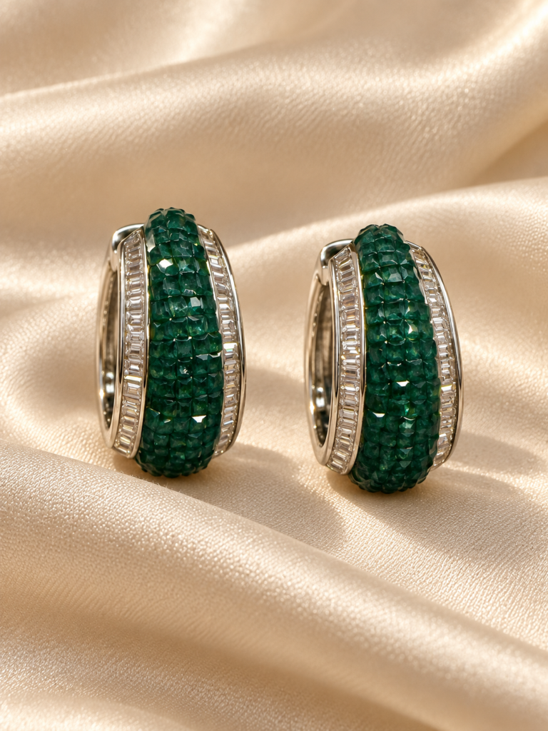 Emerald textured huggie hoop earrings with clear baguette borders