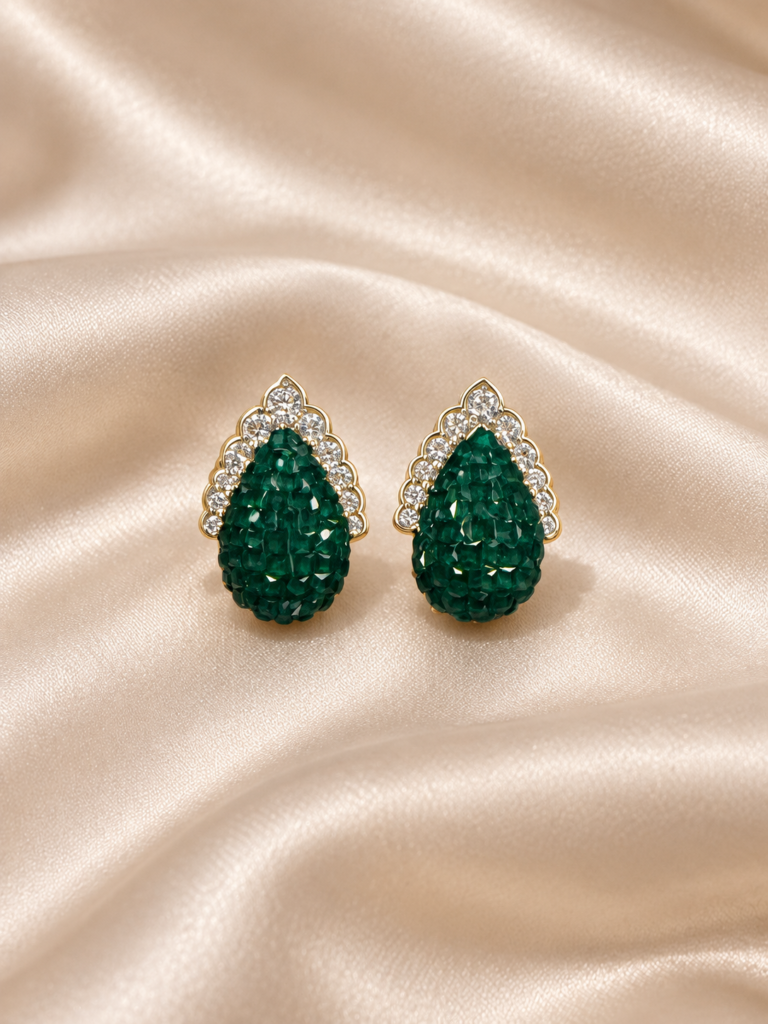 Emerald textured teardrop crystal earrings with scalloped clear stone borders