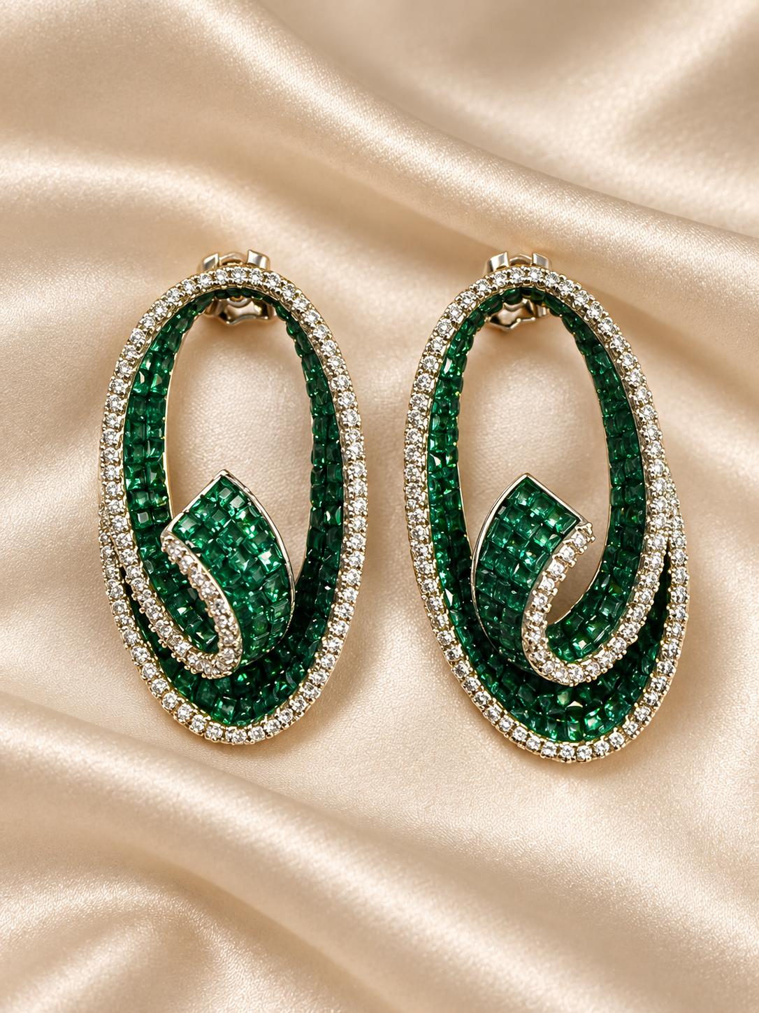 Emerald scroll oval statement earrings with clear crystal borders