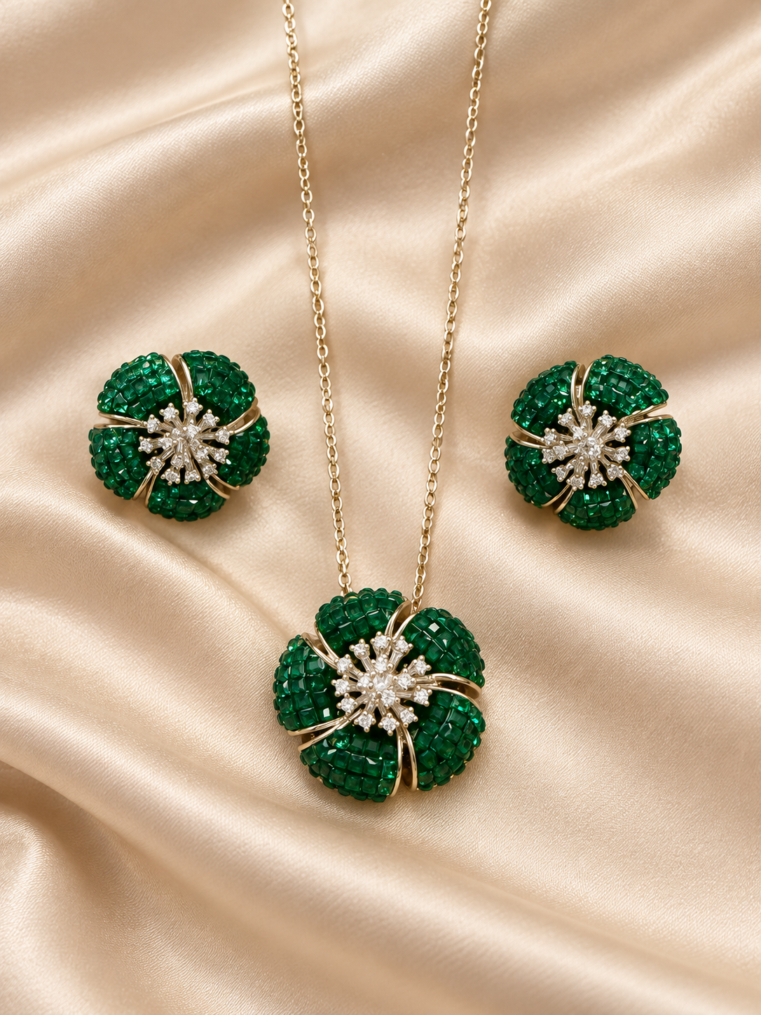 Emerald floral pendant necklace and matching stud earrings set