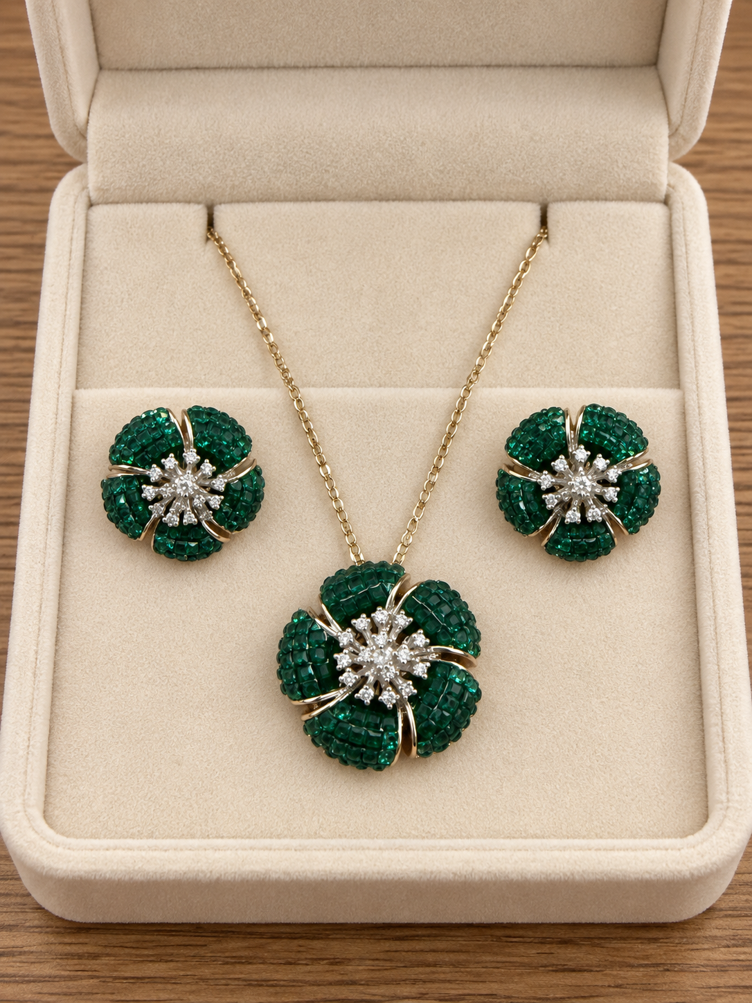 Emerald Starlight Blossom Pendant & Earrings Set - Image 4