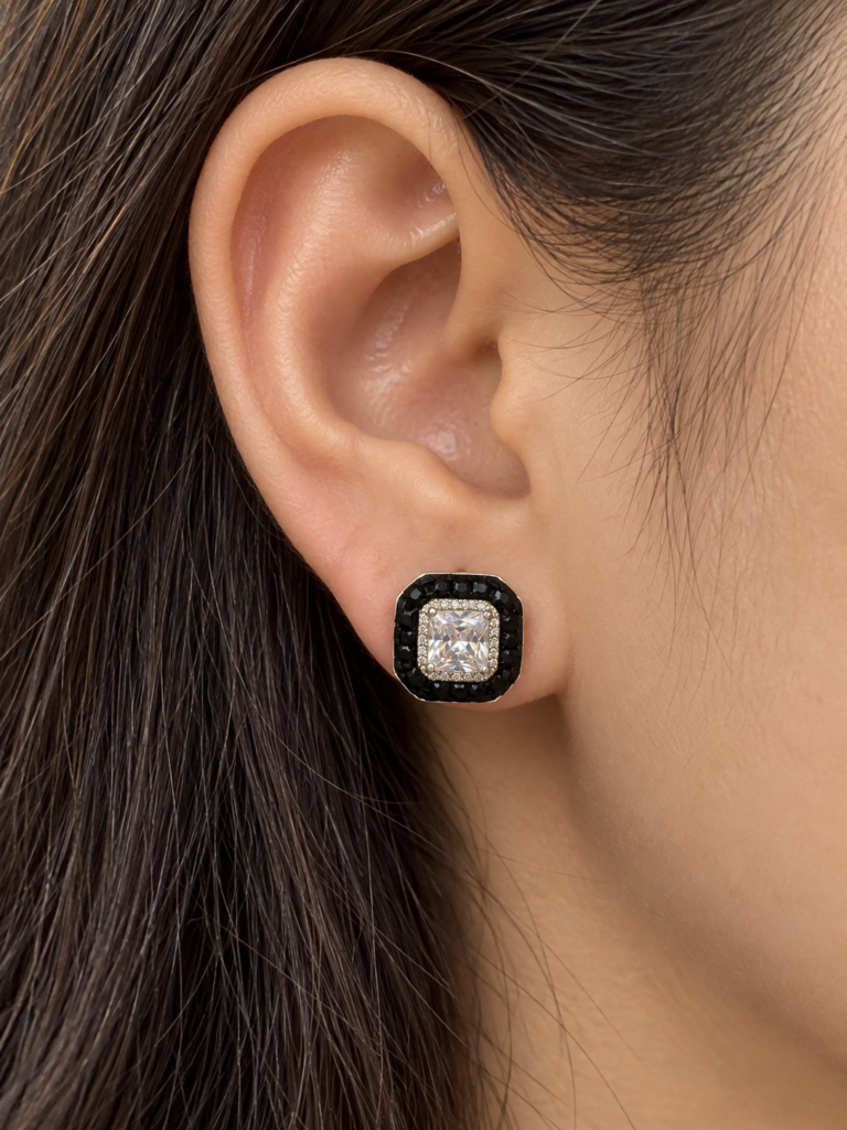 Midnight black cushion crystal stud earrings with clear centre stones